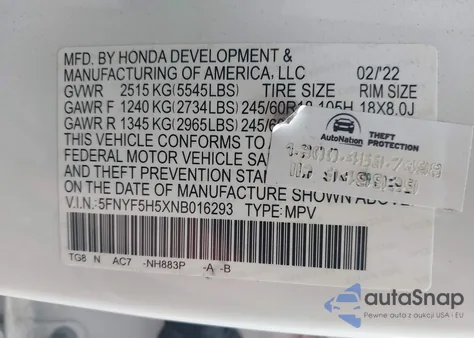 2022 Honda Pilot 2Wd Ex-L from USA, damaged, VIN 5FNYF5H5XNB016293